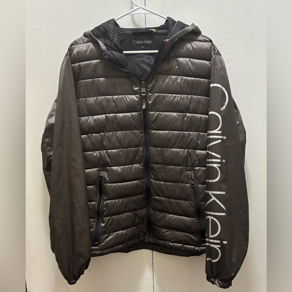 Calvin Klein Performance Brown Hooded Puffer Jacket - Bold Logo - Pristine